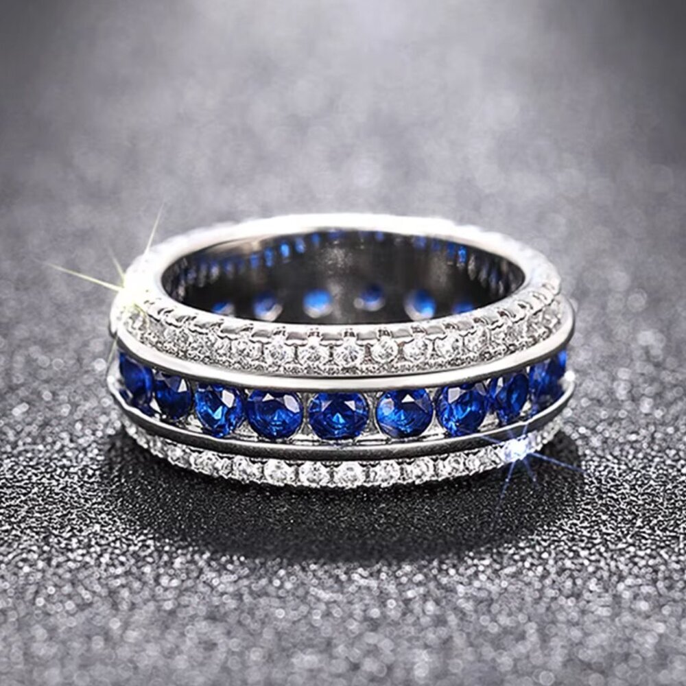 NEW 18k White Gold Sapphire Diamond Eternity Ring - Picture 4 of 7